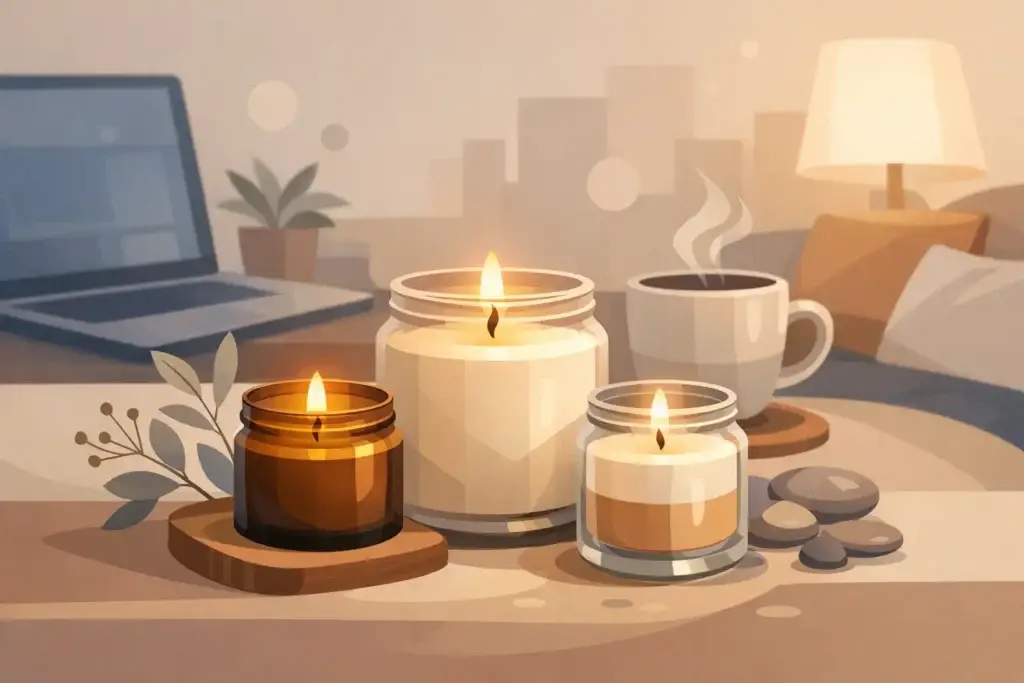 Žvakės indeliuose internetu namų jaukumui